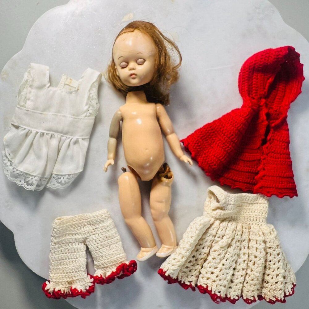 Vtg Doll Early 50s 8" Sleepy‎ Eyes Articulated Crochet Wardrobe for repair